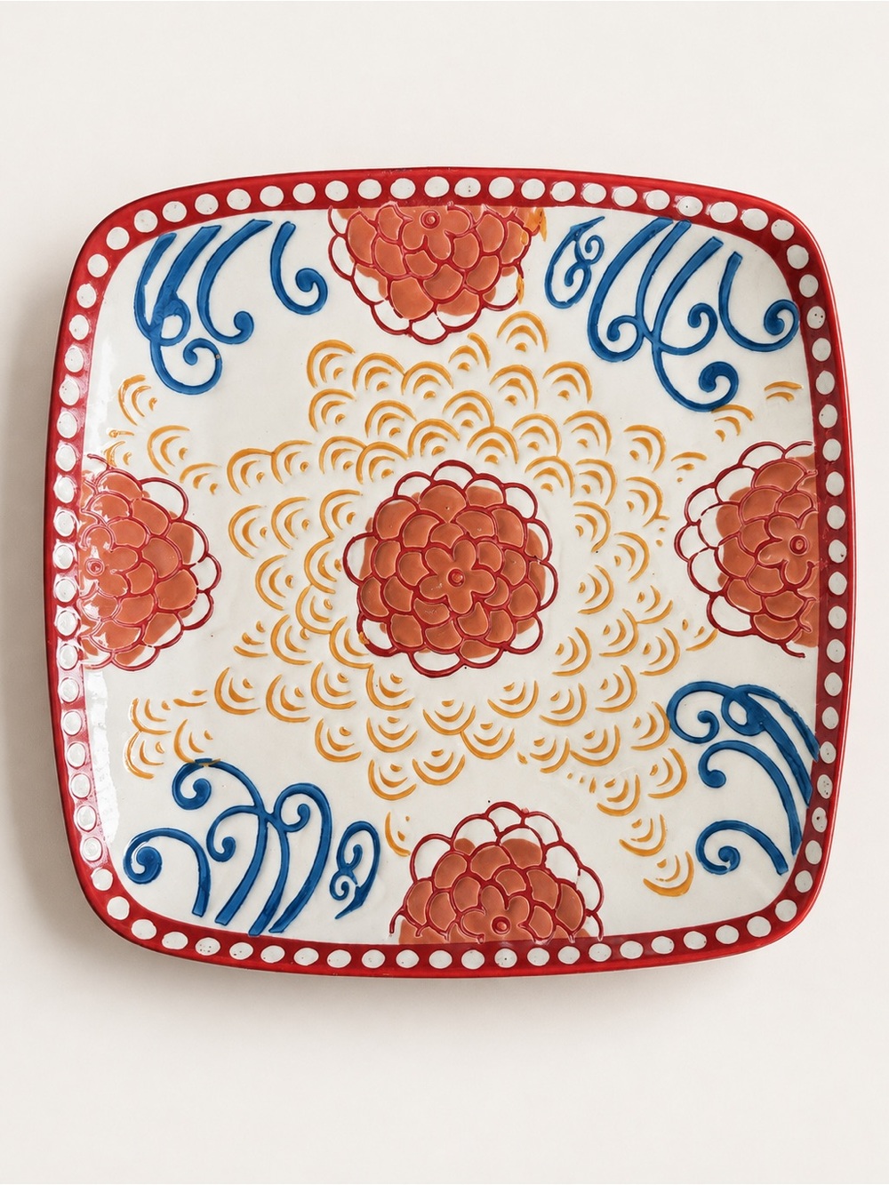 Dutch Wax Coastline Imports Hand Painted Floral Square Ceramic Plate 7 Inch